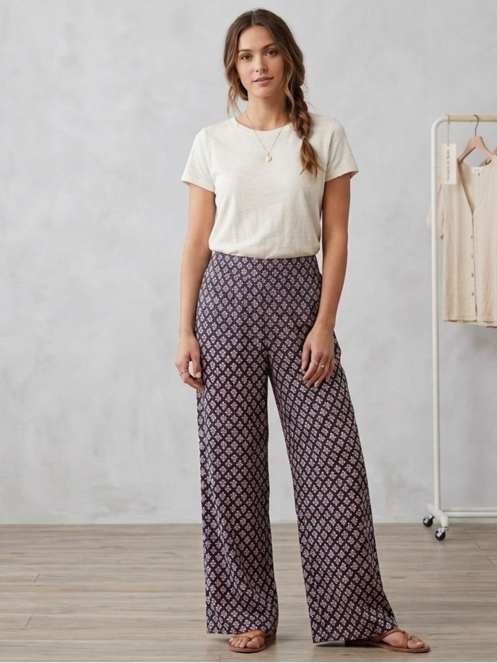 Band of Gypsies Navy & Cream Wide-Leg Printed boho Pants, Medium